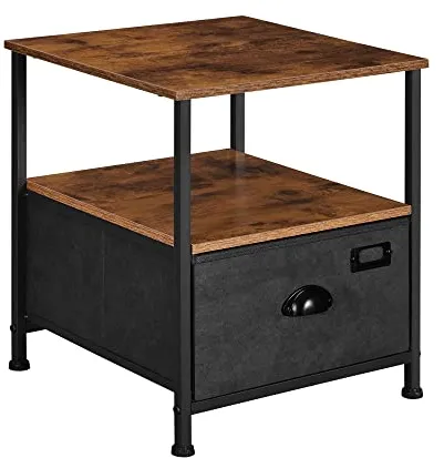 SONGMICS sengebord, m. 2 hylder og 1 skuffe - rustik brun MDF og sort imiteret ruskind/metal (41x41)